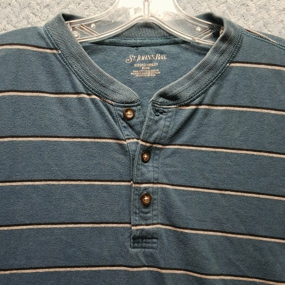 St. Johns Bay Mens XL Sueded Henley Shirt Blue Striped Long Sleeve Cotton